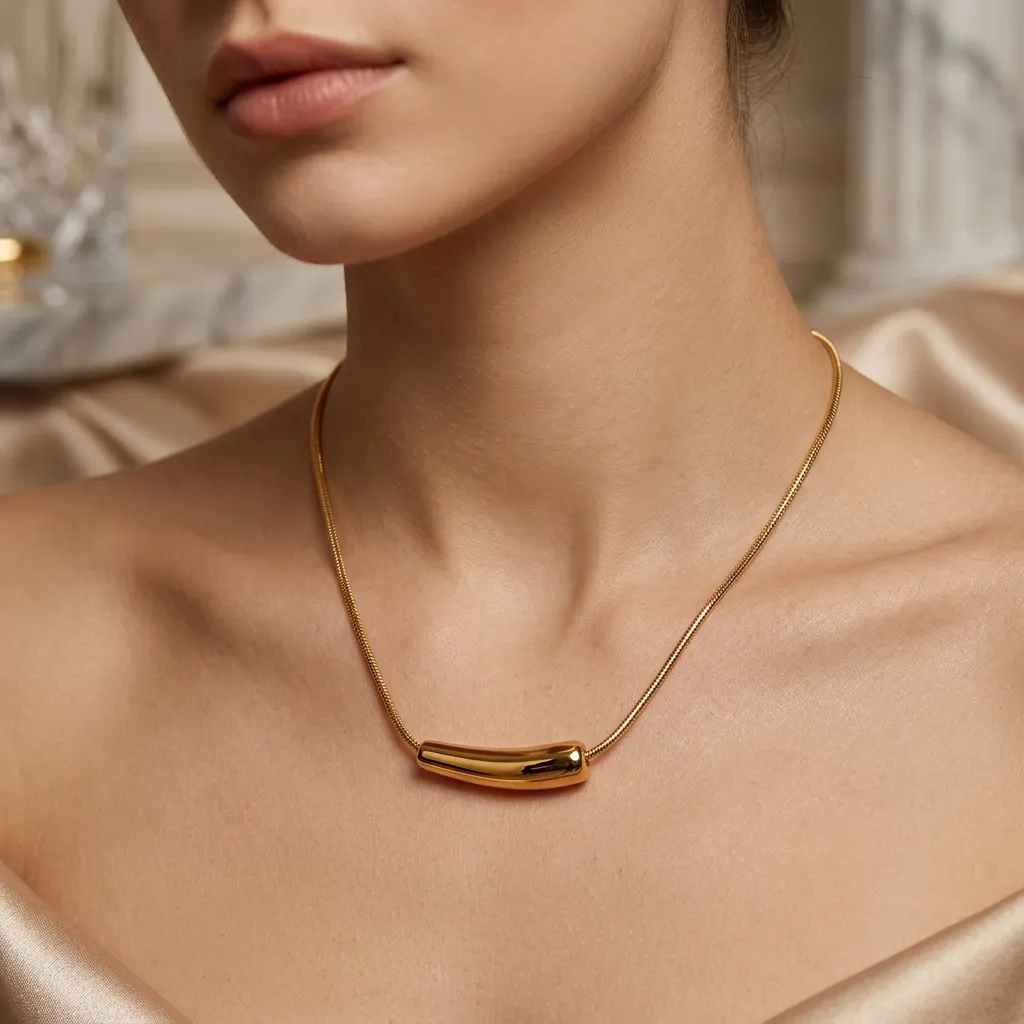 Aria Curved Bar Necklace | Stainless Steel | 18K Gold Plated | Anti Tarnish