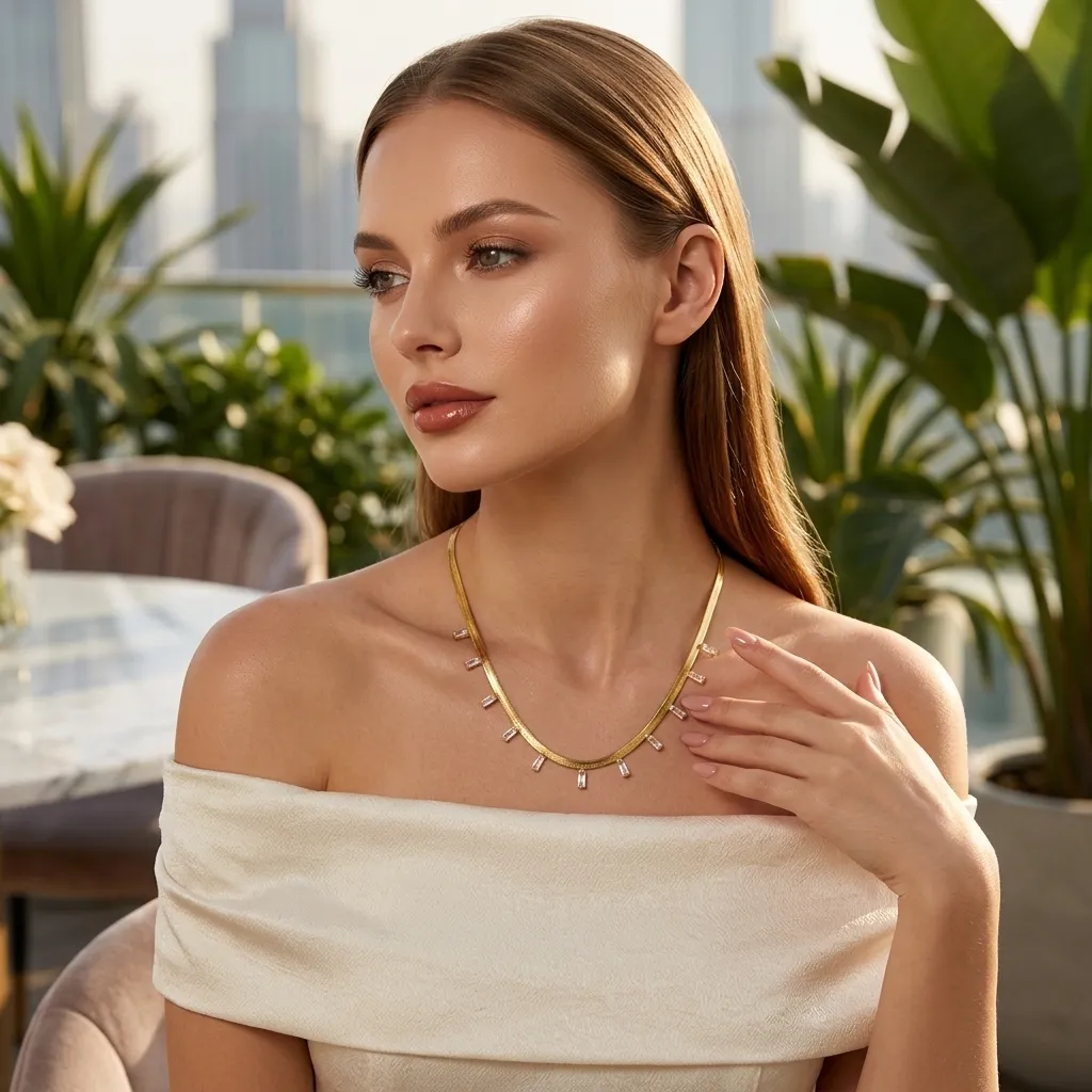 Kiara Baguette Herringbone Necklace | Stainless Steel | 18K Gold Plated | Anti Tarnish
