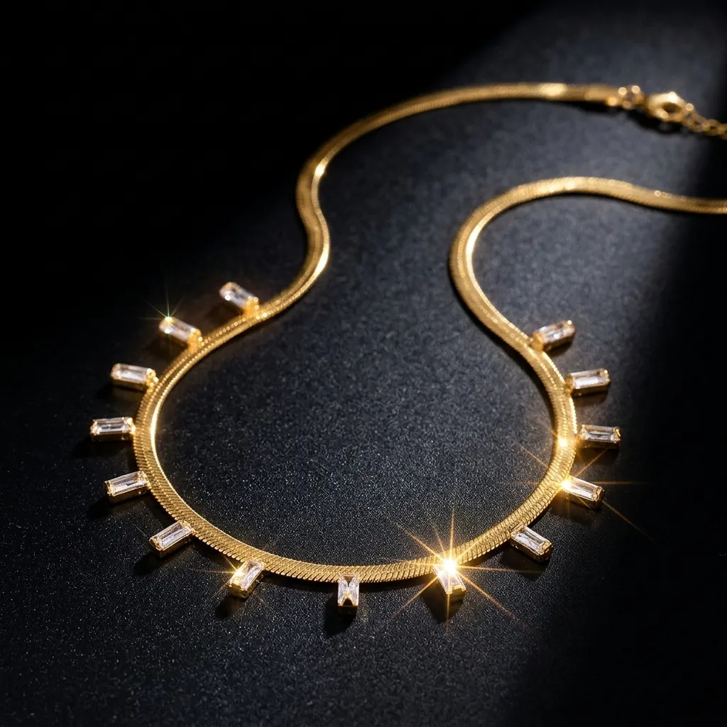 Kiara Baguette Herringbone Necklace | Stainless Steel | 18K Gold Plated | Anti Tarnish