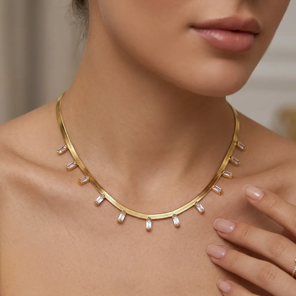Kiara Baguette Herringbone Necklace | Stainless Steel | 18K Gold Plated | Anti Tarnish