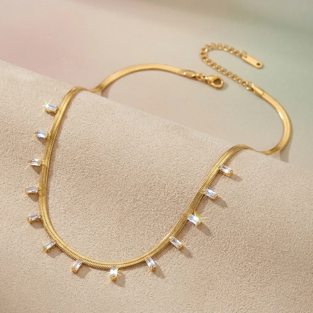 Kiara Baguette Herringbone Necklace | Stainless Steel | 18K Gold Plated | Anti Tarnish
