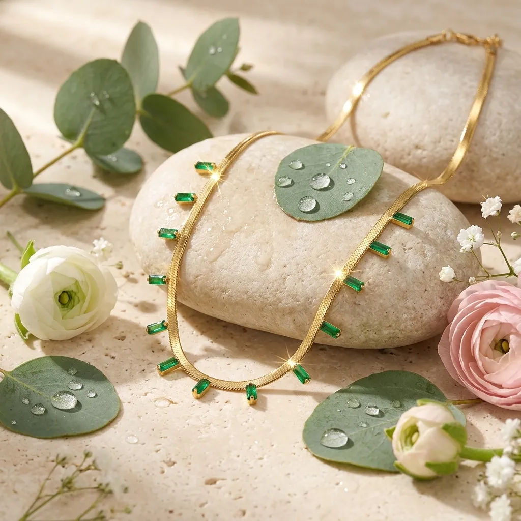 Kiara Emerald Baguette Herringbone Necklace | Stainless Steel | 18K Gold Plated | Anti Tarnish