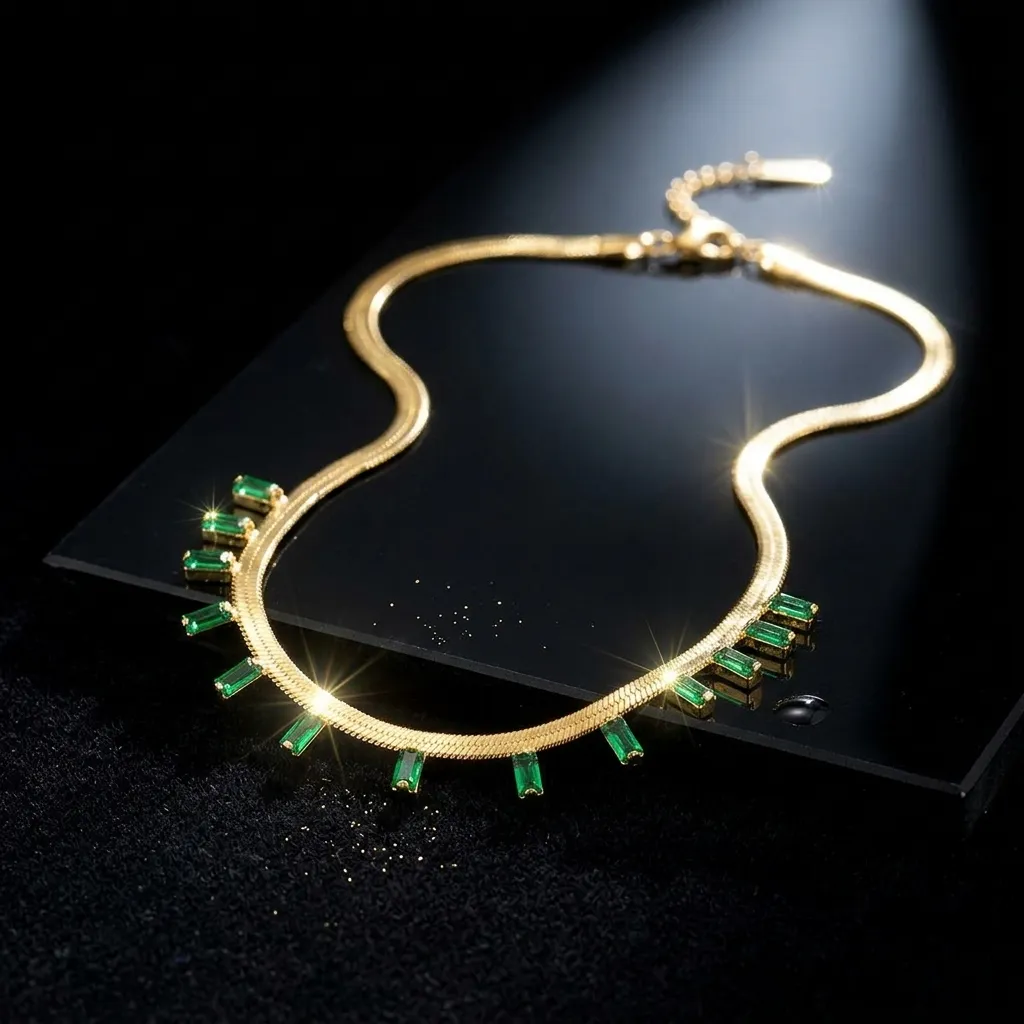 Kiara Emerald Baguette Herringbone Necklace | Stainless Steel | 18K Gold Plated | Anti Tarnish