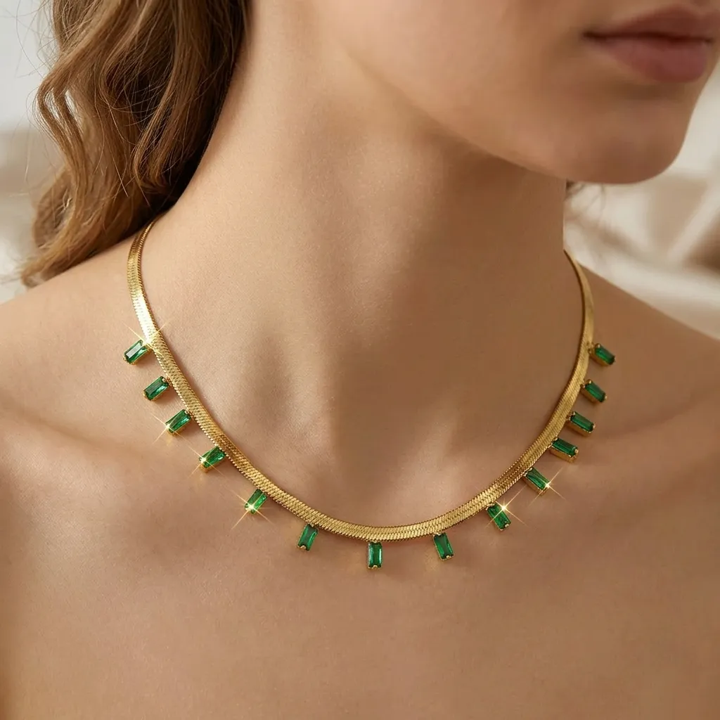 Kiara Emerald Baguette Herringbone Necklace | Stainless Steel | 18K Gold Plated | Anti Tarnish