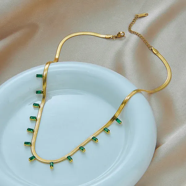 Kiara Emerald Baguette Herringbone Necklace | Stainless Steel | 18K Gold Plated | Anti Tarnish