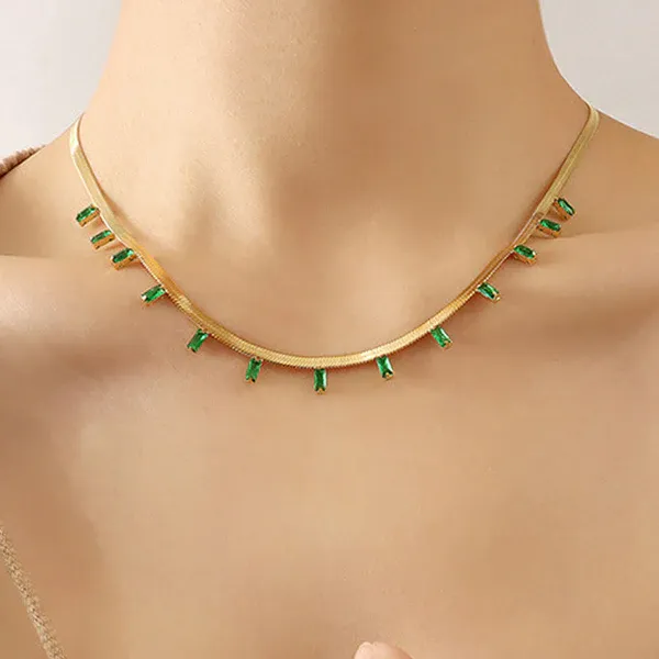 Kiara Emerald Baguette Herringbone Necklace | Stainless Steel | 18K Gold Plated | Anti Tarnish