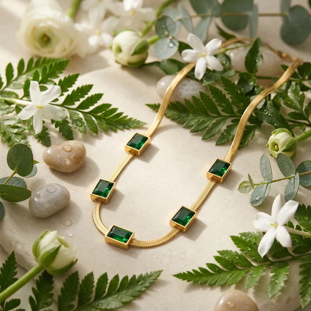 Elena Emerald Herringbone Necklace | Stainless Steel | 18K Gold Plated | Anti Tarnish