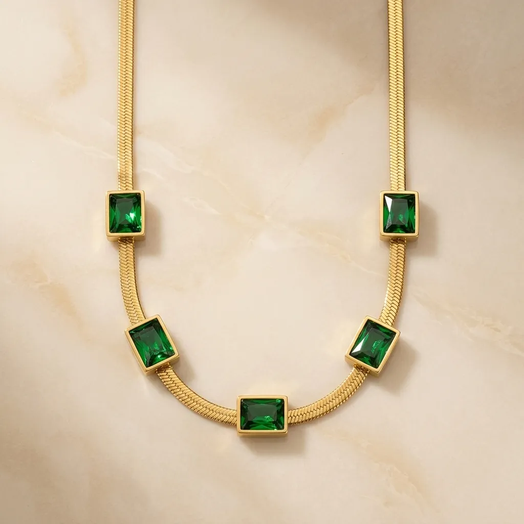 Elena Emerald Herringbone Necklace | Stainless Steel | 18K Gold Plated | Anti Tarnish
