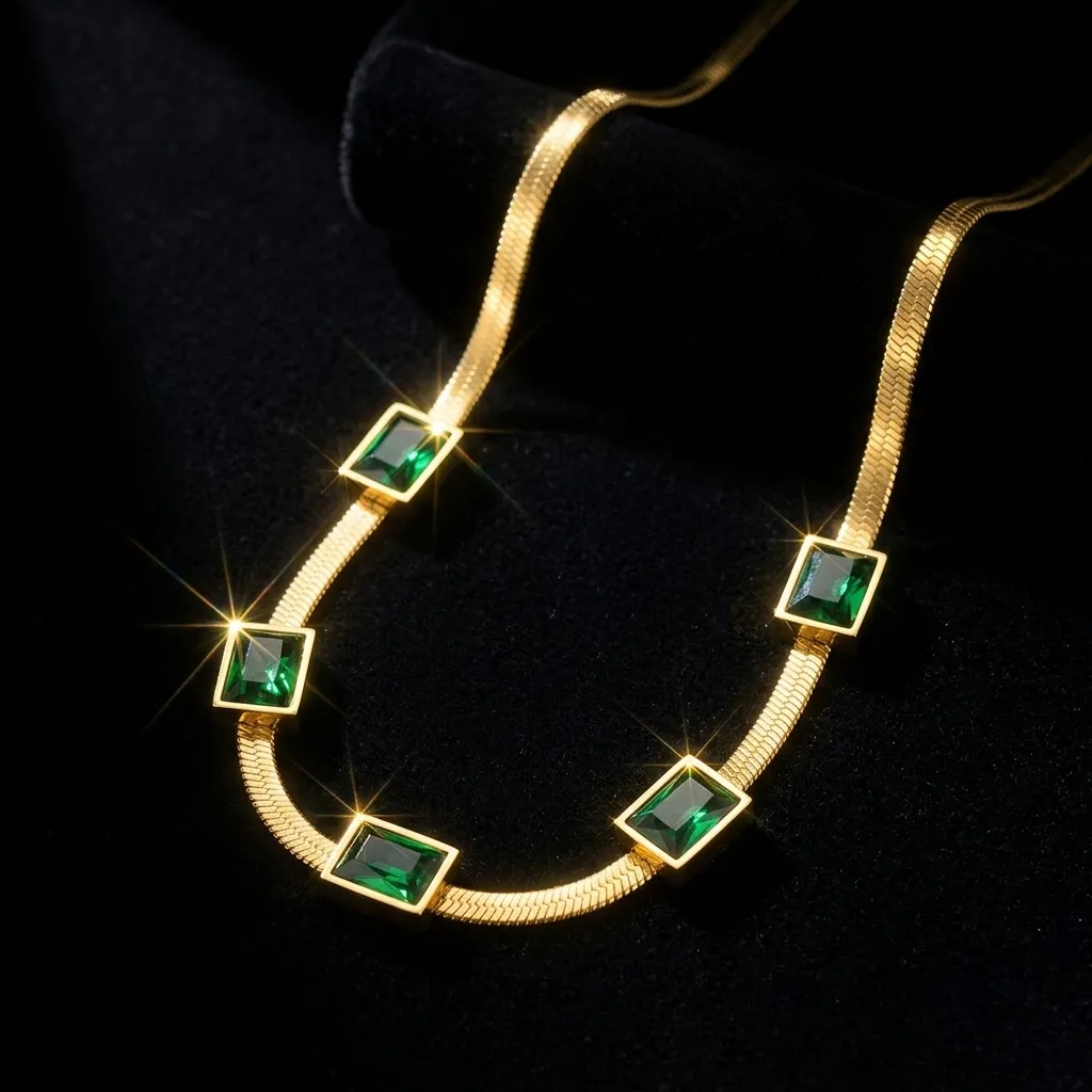 Elena Emerald Herringbone Necklace | Stainless Steel | 18K Gold Plated | Anti Tarnish