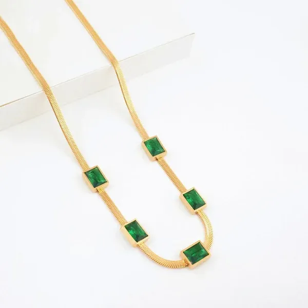 Elena Emerald Herringbone Necklace | Stainless Steel | 18K Gold Plated | Anti Tarnish