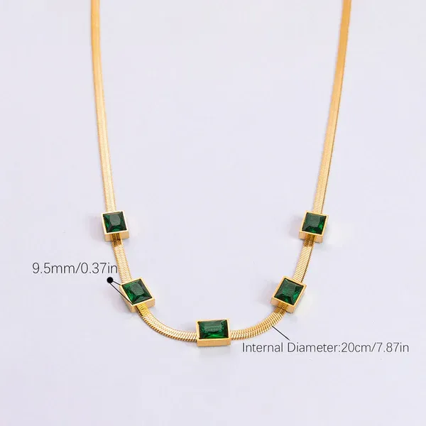 Elena Emerald Herringbone Necklace | Stainless Steel | 18K Gold Plated | Anti Tarnish