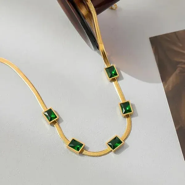 Elena Emerald Herringbone Necklace | Stainless Steel | 18K Gold Plated | Anti Tarnish
