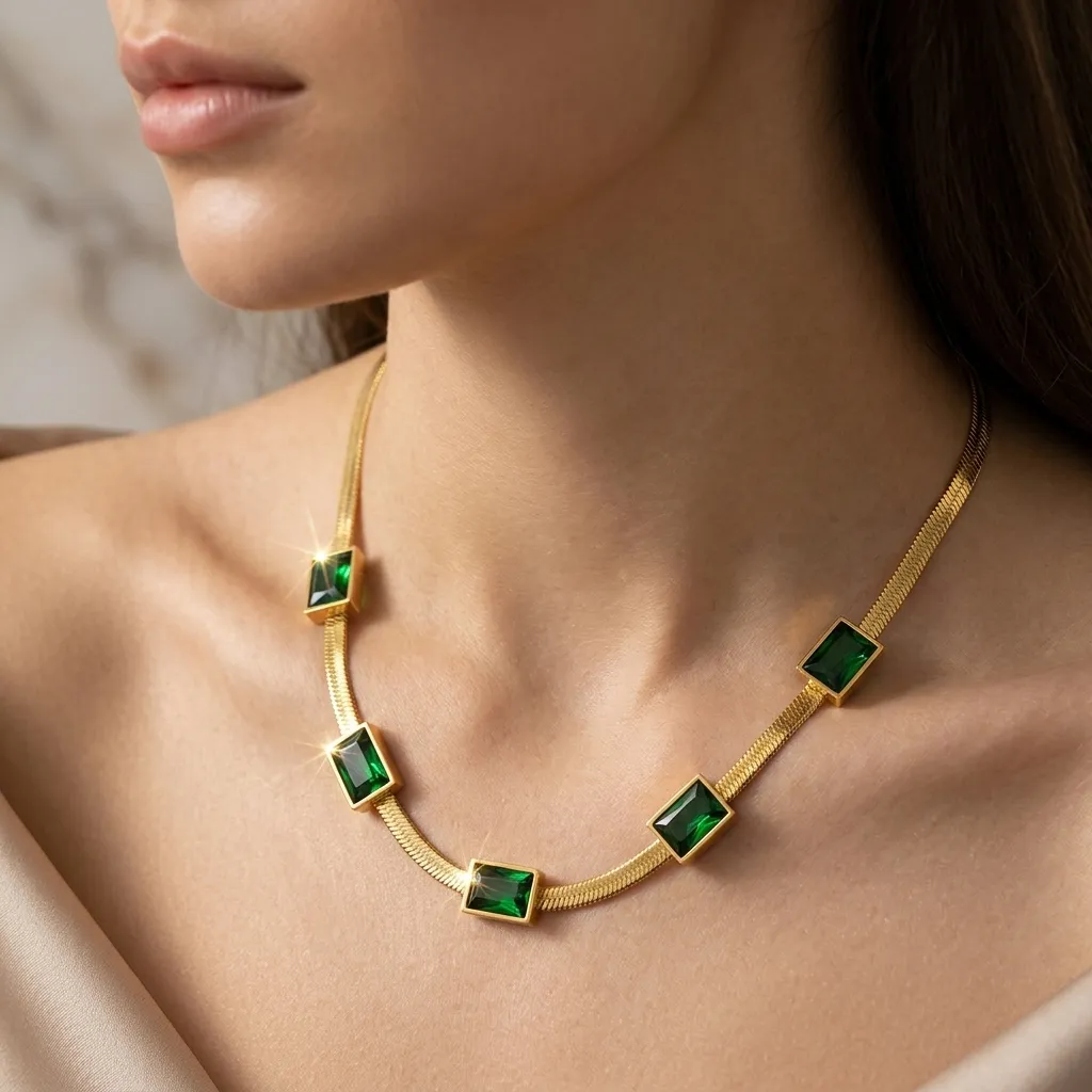 Elena Emerald Herringbone Necklace | Stainless Steel | 18K Gold Plated | Anti Tarnish