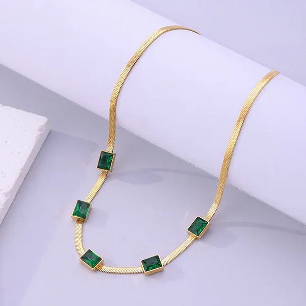 Elena Emerald Herringbone Necklace | Stainless Steel | 18K Gold Plated | Anti Tarnish