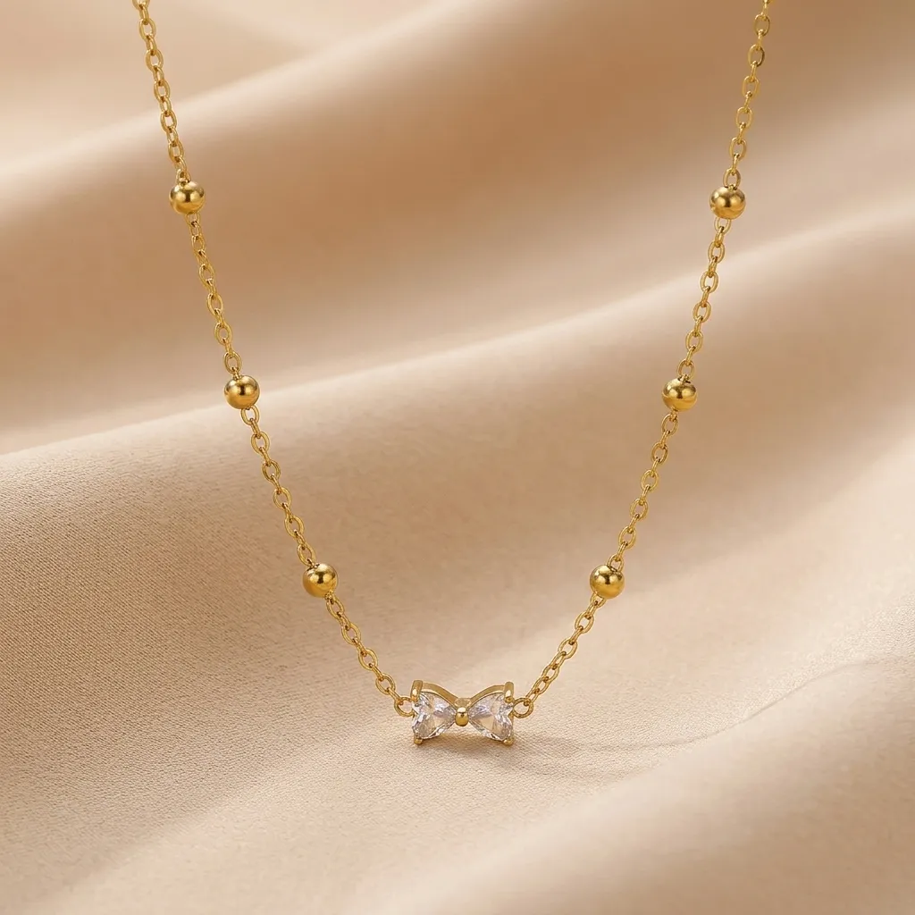 Fiona Crystal Bow Necklace | Stainless Steel | 18K Gold Plated | Anti Tarnish