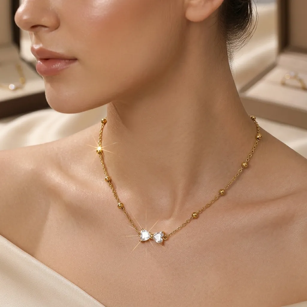 Fiona Crystal Bow Necklace | Stainless Steel | 18K Gold Plated | Anti Tarnish