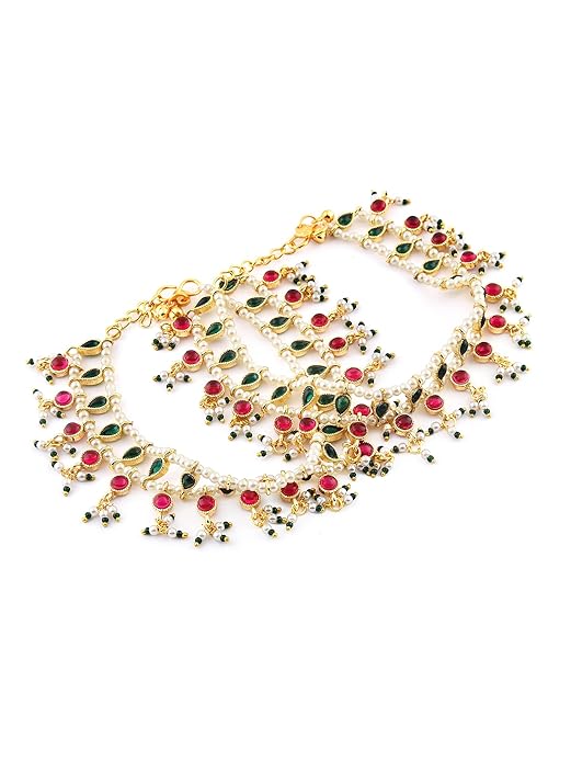 ZAVERI PEARLS Green & Pink Traditional Kundan Payal For Women (2 Anklets)-ZPFK11059