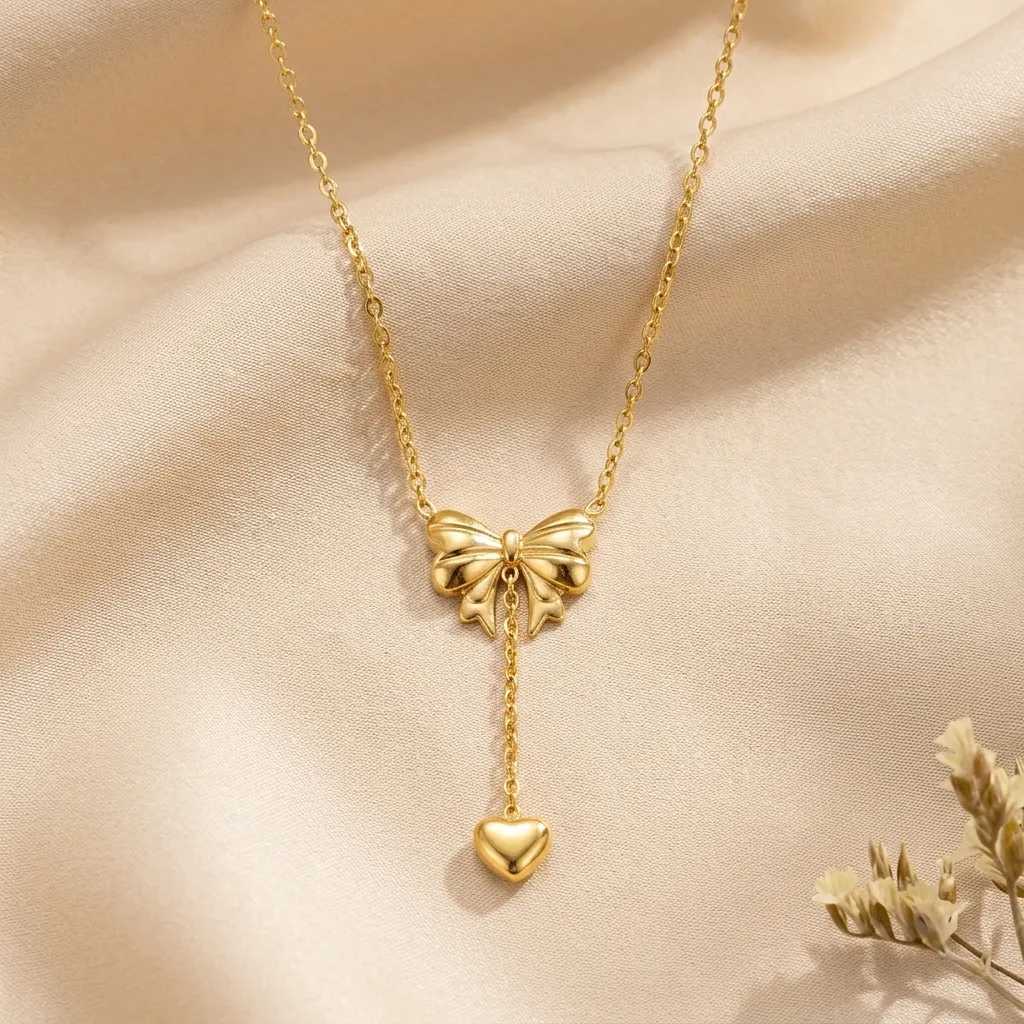 Nadia Bow Heart Drop Necklace | Stainless Steel | 18K Gold Plated | Anti Tarnish