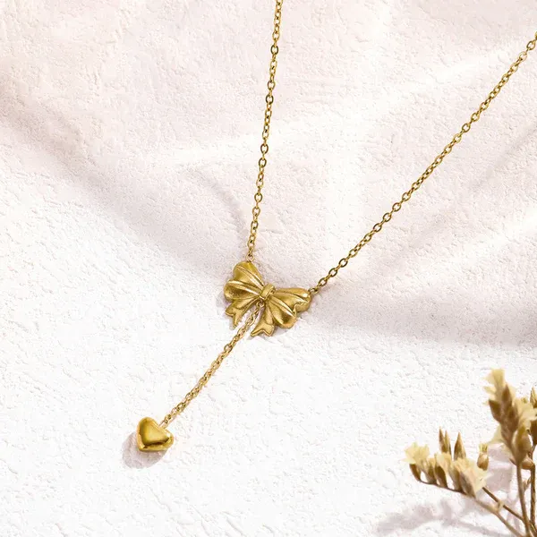 Nadia Bow Heart Drop Necklace | Stainless Steel | 18K Gold Plated | Anti Tarnish