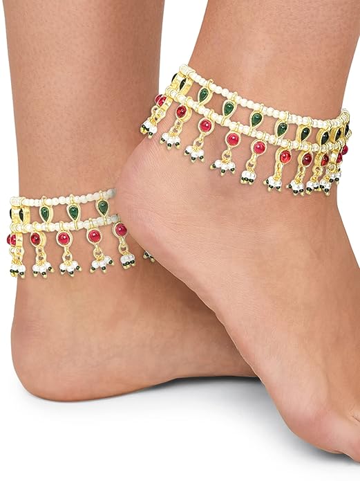 ZAVERI PEARLS Green & Pink Traditional Kundan Payal For Women (2 Anklets)-ZPFK11059
