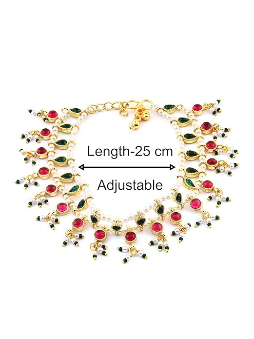 ZAVERI PEARLS Green & Pink Traditional Kundan Payal For Women (2 Anklets)-ZPFK11059