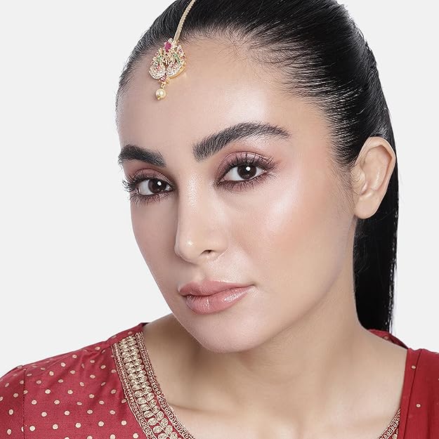 Estele CZ Entwined Peacock Designer Maang Tikka with Pearls for Girls & Women's
