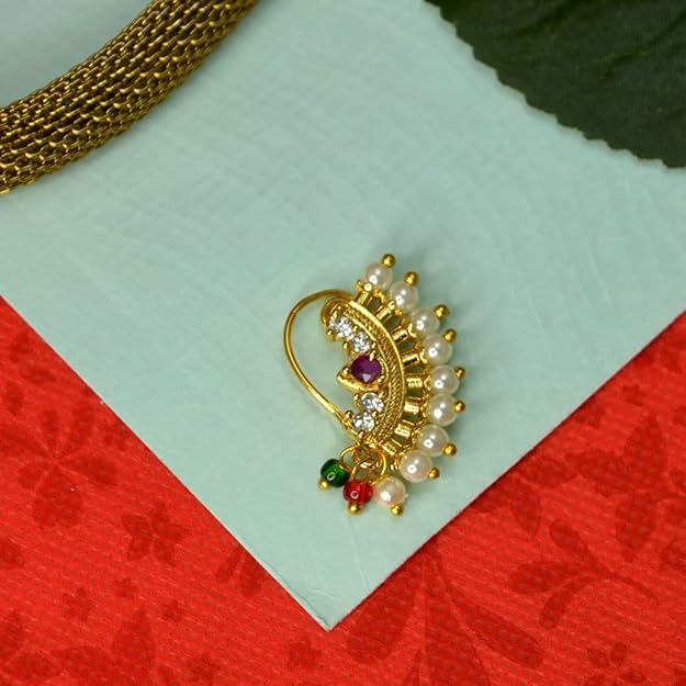 Maharashtrian Nath CZ Nose Ring Without Piercing Pearl Gold Plated Nath Clip On Nose Ring For Women (CZ NATH 6)