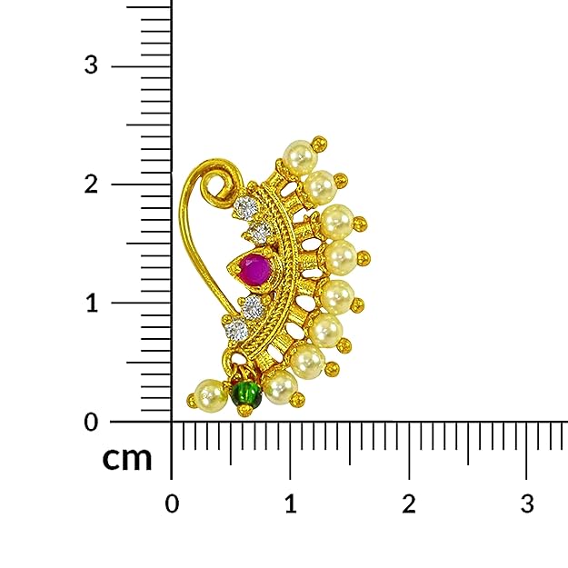 Maharashtrian Nath CZ Nose Ring Without Piercing Pearl Gold Plated Nath Clip On Nose Ring For Women (CZ NATH 6)