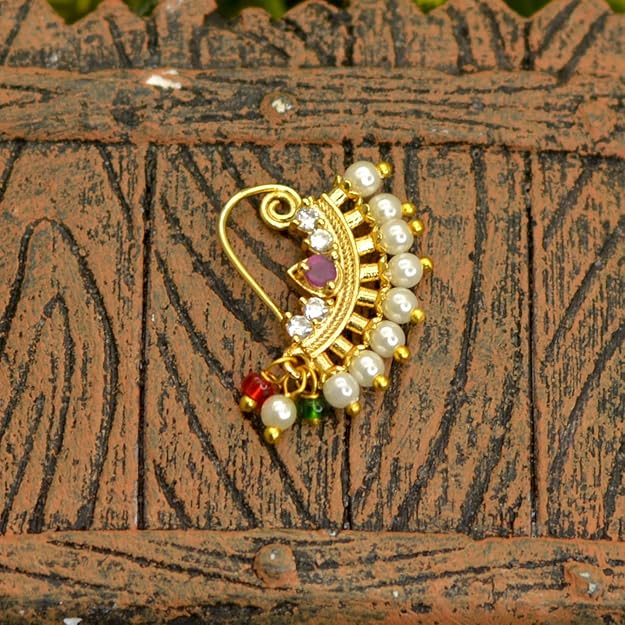 Maharashtrian Nath CZ Nose Ring Without Piercing Pearl Gold Plated Nath Clip On Nose Ring For Women (CZ NATH 6)