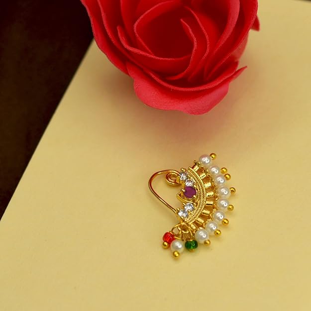 Maharashtrian Nath CZ Nose Ring Without Piercing Pearl Gold Plated Nath Clip On Nose Ring For Women (CZ NATH 6)