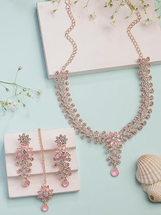 Sukkhi Charming AD Diamonds Studded Floral Choker Necklace Danlge Earrings Maangtikka Jewellery Set for Women & Girls