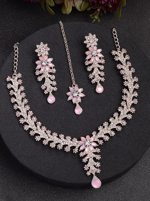 Sukkhi Charming AD Diamonds Studded Floral Choker Necklace Danlge Earrings Maangtikka Jewellery Set for Women & Girls