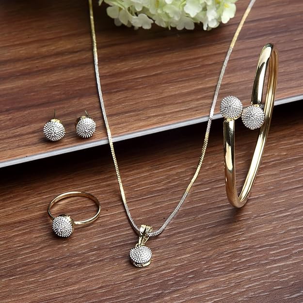 ZENEME Jewellery Set Gold Plated American Diamond Traditional Stylish Pendant Set, Ring, Bracelet with Earring Jewellery for Women & Girls