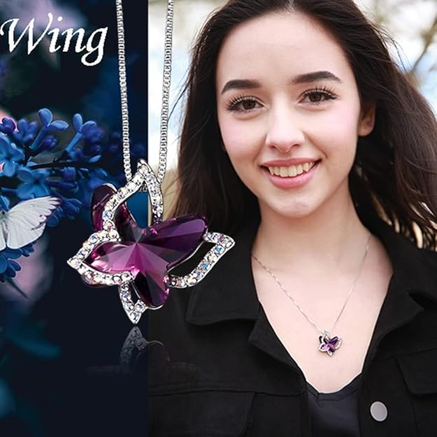 Yellow Chimes Pendant for Women and Girls | Silver-Toned Butterfly Pendant with Purple Crystal | Elegant Chain Jewelry | Perfect Birthday or Valentine’s Gift for Women and Girls