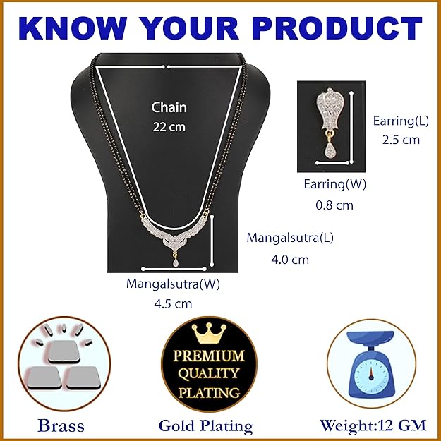 Mangalsutra Gold Plated American Diamond Studded Tanmaniya Nallapusalu With Earrings Jewellery For Women