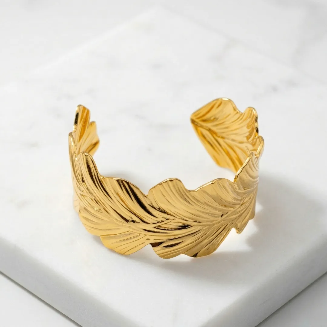 Gold Leaf Design Cuff Bracelet - Traditional Bridal Party Wear Jewellery