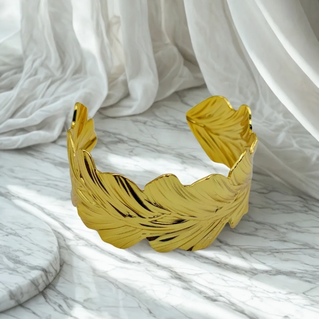Gold Leaf Design Cuff Bracelet - Traditional Bridal Party Wear Jewellery