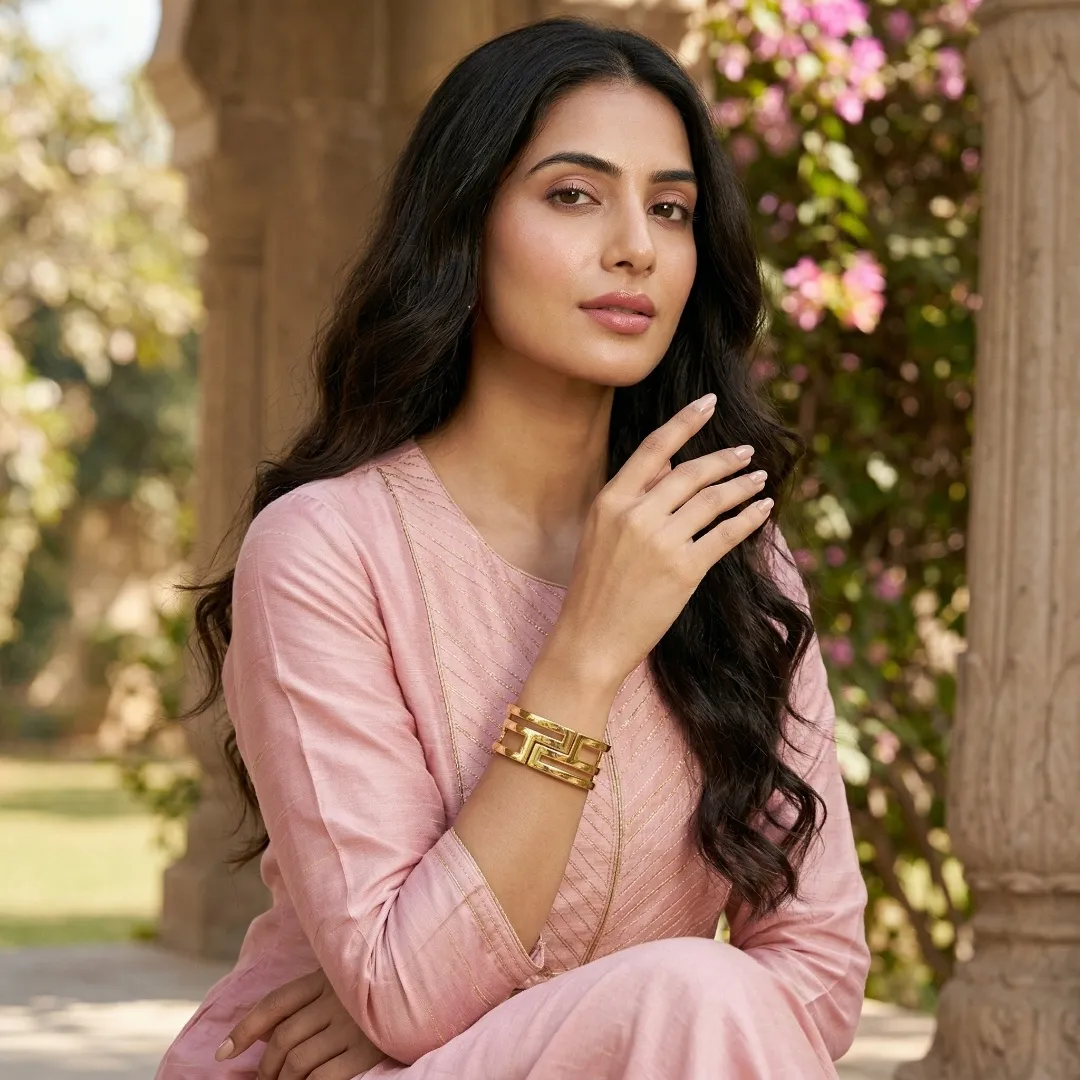 Gold Plated Geometric Cuff Bracelet - Designer Party Wear Fashion Jewellery