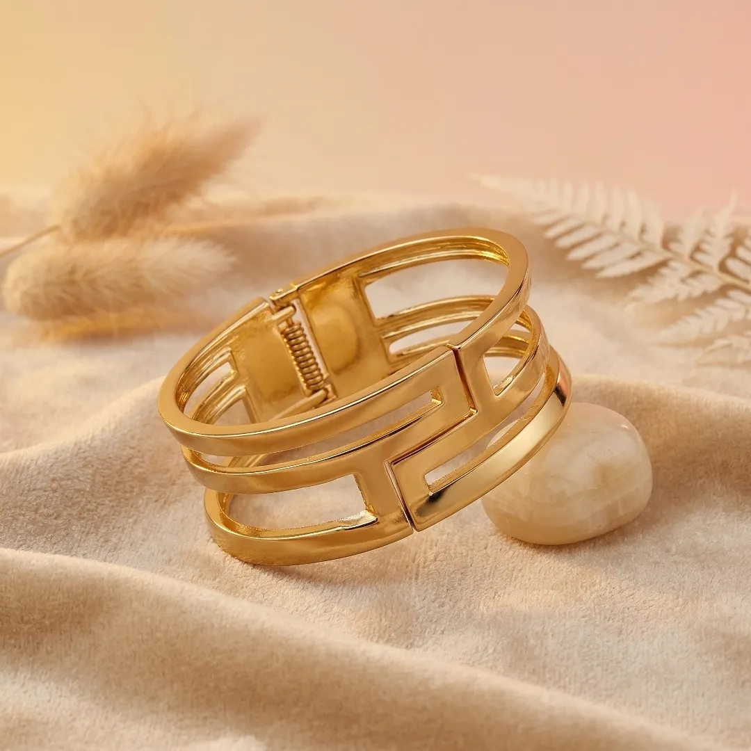 Gold Plated Geometric Cuff Bracelet - Designer Party Wear Fashion Jewellery