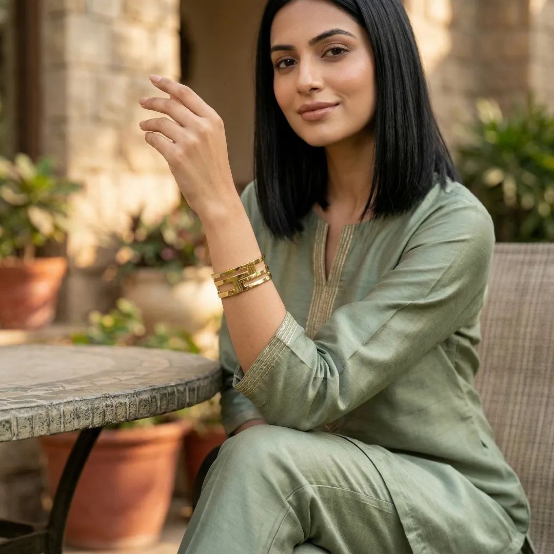 Gold Plated Geometric Cuff Bracelet - Designer Party Wear Fashion Jewellery