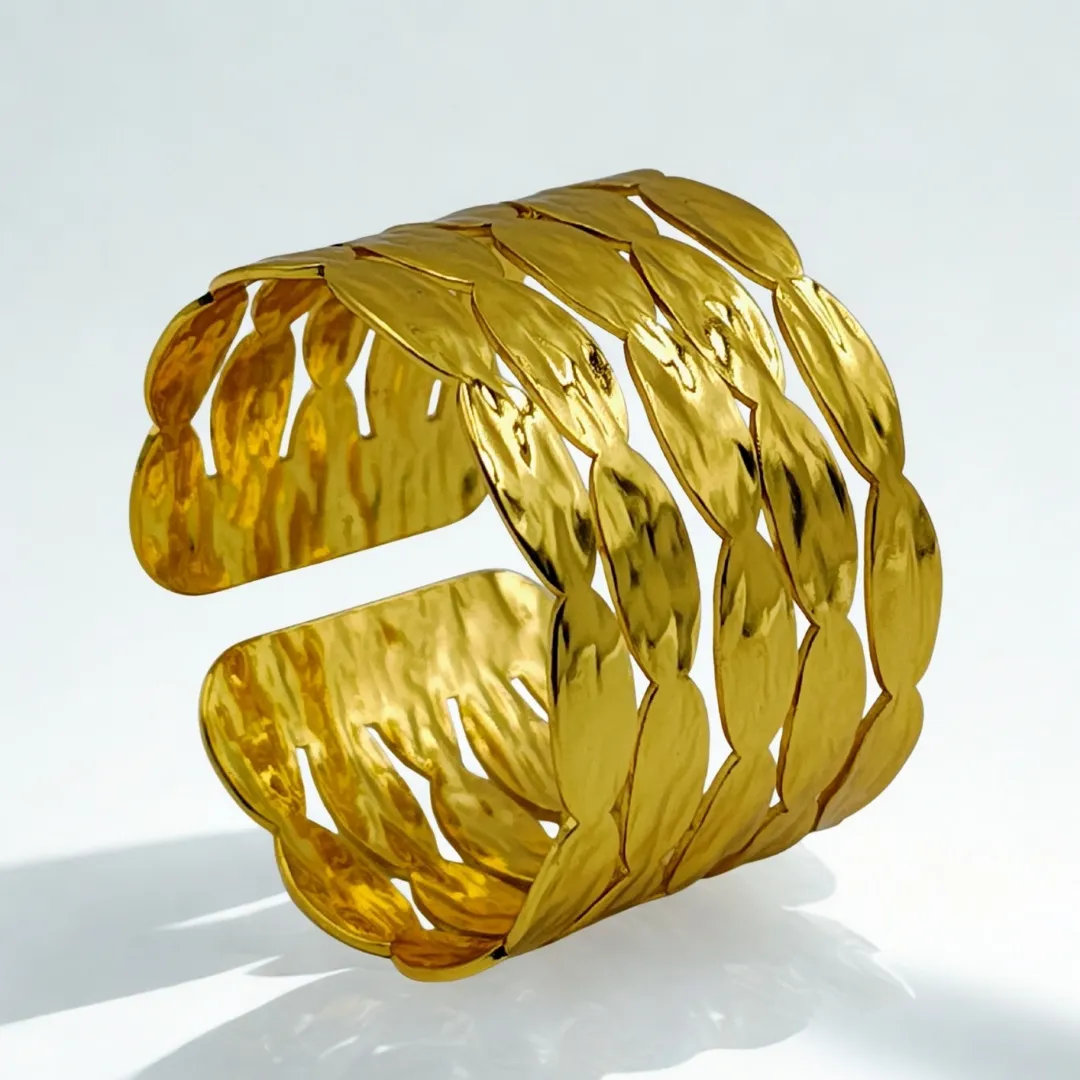 Gold Leaf Textured Cuff Bracelet - Traditional Bridal Party Wear Jewellery