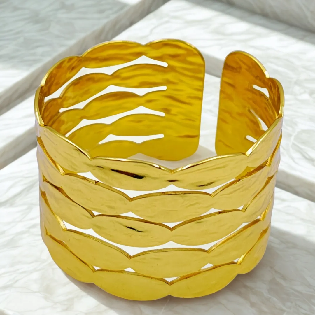 Gold Leaf Textured Cuff Bracelet - Traditional Bridal Party Wear Jewellery