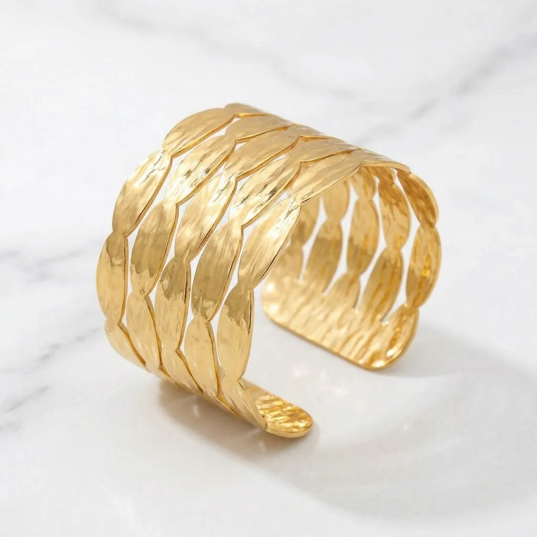 Gold Leaf Textured Cuff Bracelet - Traditional Bridal Party Wear Jewellery