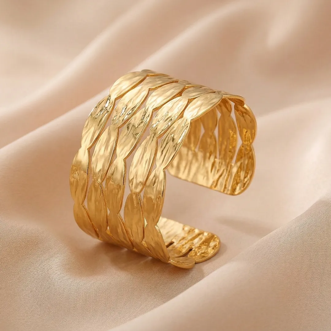 Gold Leaf Textured Cuff Bracelet - Traditional Bridal Party Wear Jewellery