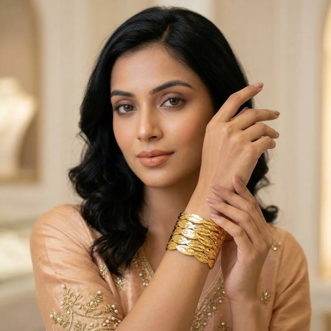 Gold Leaf Textured Cuff Bracelet - Traditional Bridal Party Wear Jewellery