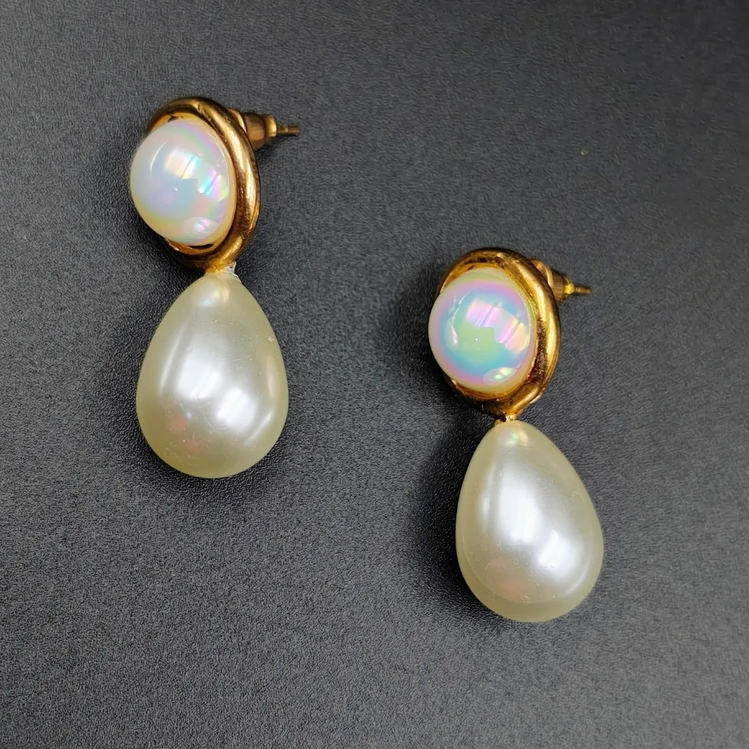 Gold Pearl Drop Earrings with Iridescent Stone - Bridal Party Wear Jewellery
