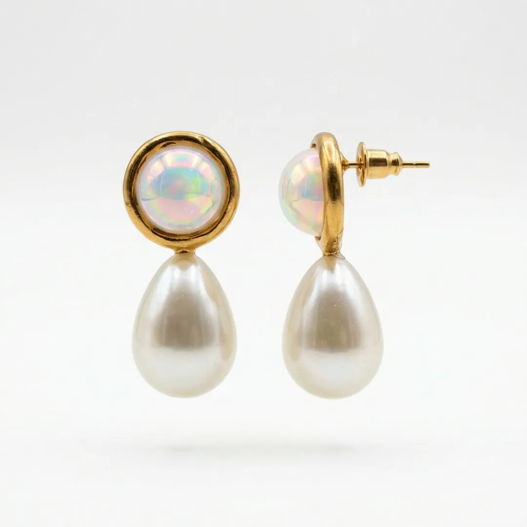 Gold Pearl Drop Earrings with Iridescent Stone - Bridal Party Wear Jewellery