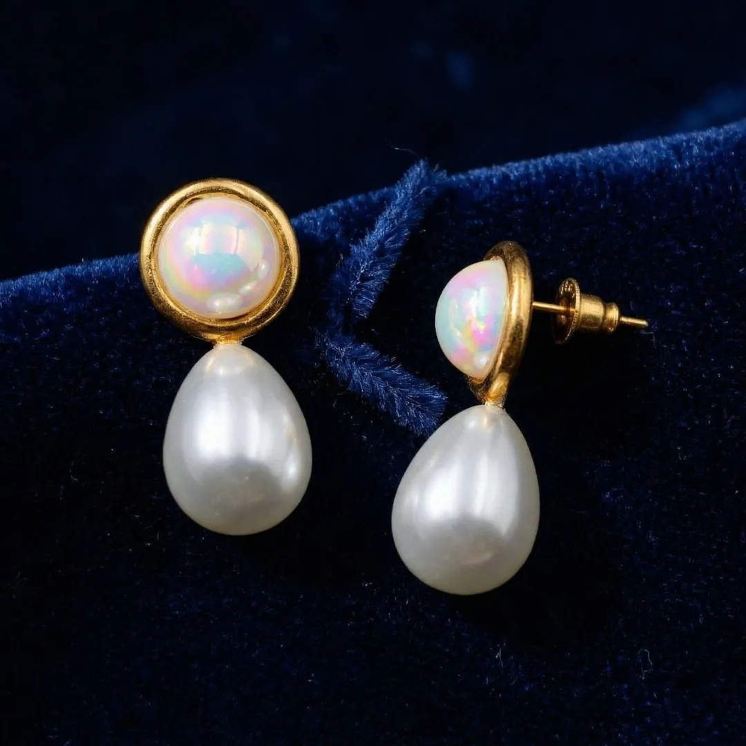 Gold Pearl Drop Earrings with Iridescent Stone - Bridal Party Wear Jewellery