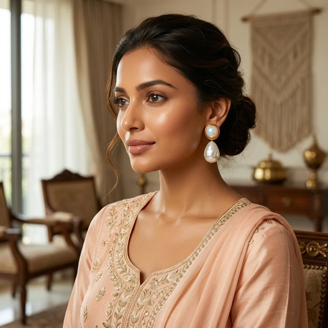 Gold Pearl Drop Earrings with Iridescent Stone - Bridal Party Wear Jewellery