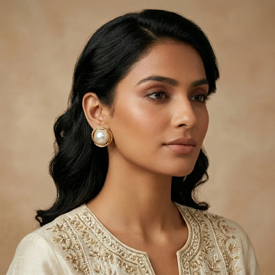 Gold Pearl Stud Earrings - Classic Bridal Party Wear Fashion Jewellery